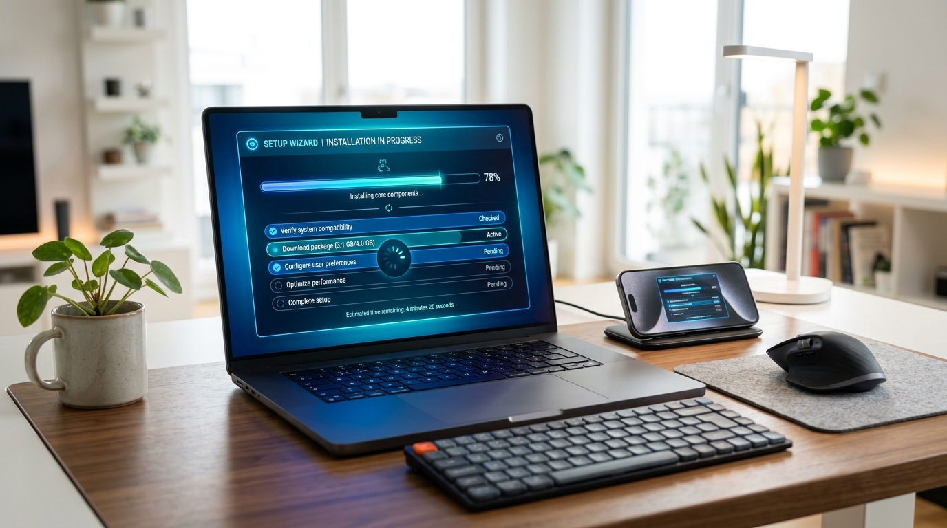 Software installation setup wizard dashboard on laptop and mobile